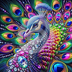 AI generated portrait of a peacock with vividly colorful features photo