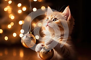 AI generated. Portrait of red cute kitty cat sitting on the floor and playing with Christmas tree toy balls