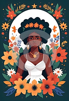 a poster of african woman with flowers blooming arround her photo