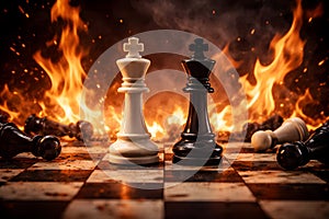 Black And White Chess Kings Facing Fire Representing Conflict And Duality