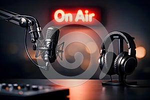 Modern Audio Broadcasting Studio With Microphone Headphones And On Air Background