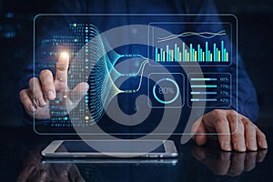 AI generated professional interacting with holographic data dashboard showing charts metrics and binary streams symbolizing