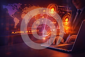 AI generated professional using laptop with futuristic platform as a service dashboard cloud computing interface global data