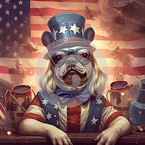 AI generated pug dog wearing an American flag bandana sitting at wooden tabe