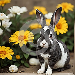 AI generated rabbit (with black and white spots) alongside yellow and white marigold