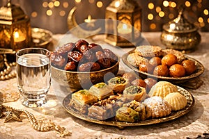 Ramadan Iftar Table With Dates Traditional Sweets And Lanterns In Elegant Golden Atmosphere