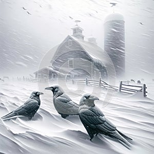 Three Black Crows Old Barn Snowy Winter Abandoned Farm Prairies AI Generated