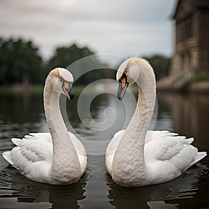 AI generated realistic image of a pair of white swans paddling in a water body