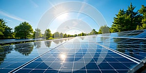 Solar Energy Panels Under Bright Sunlight In Green Eco Landscape