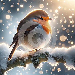 European Robin Perched on a Snow Covered Tree Branch during a Winter Snowstorm AI Generated