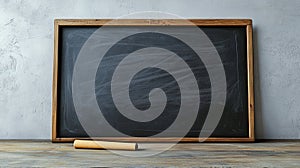 Rectangular chalkboard with a wooden frame, resting on a wooden surface