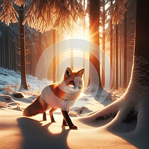 AI generated red fox in a snow-covered forest