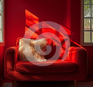 White fluffy pillow isolated on the red sofa and wall. photo