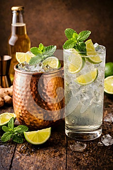 Refreshing Lime And Mint Cocktail With Ice In Rustic Bar Setting