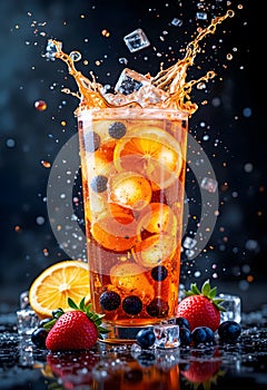 Refreshing Citrus Iced Drink With Orange Slices Berries And Dynamic Splash Effect