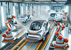 Robot Automobile Manufacturing Factory Humanoid Workers Assembly Production AI Generated photo