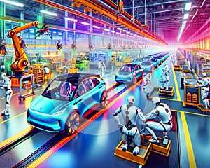 Futuristic Robot Automobile Manufacturing Factory Humanoid Workers Assembly Production AI Generated photo