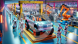 Cyborg Robotic Automation Automobile Manufacturing Factory Humanoid Workers Assembly Production AI Generated photo