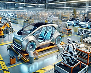 Droid Automation Automobile Manufacturing Factory Humanoid Workers Assembly Production AI Generated photo