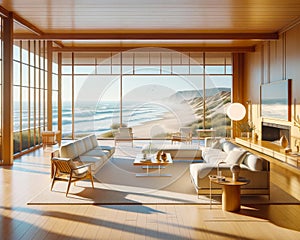 Luxury Oceanfront Property Vintage Retro Mid-Century Modern Home House interior Living Room Scenic Ocean AI Generated