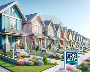New Home House Construction Subdivision Row Pastel Colors For Sale AI Generated photo