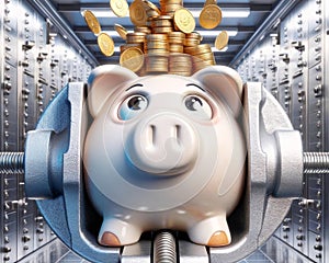 Piggy Bank Squeeze Vice Personal Debt Bubble Dollars Saving Money Banking Global Currency Gold Coins Hammer AI Generated