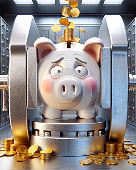 Piggy Bank Squeeze Vice Personal Debt Bubble Dollars Saving Money Banking Global Currency Gold Coins Hammer AI Generated