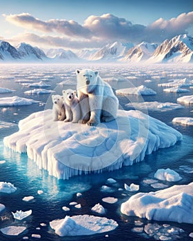 Family Polar Bears North Pole Stranded Global Warming Floating Ice island Melting Climate Change AI Generated photo