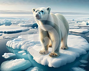 Single Polar Bear North Pole Stranded Floating Ice island Melting Climate Change AI Generated photo