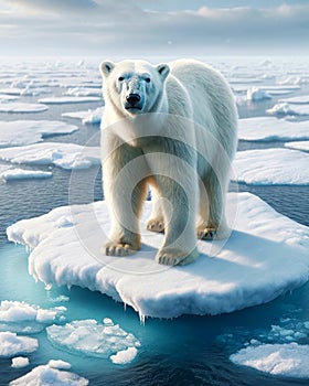 Single Polar Bear North Pole Floating Ice island Melting Climate Change AI Generated photo