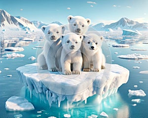 Young Polar Bears North Pole Stranded Global Warming Floating Ice island Melting Climate Change AI Generated photo