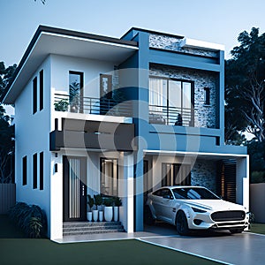 Ai generated residential house with a parked white car