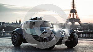 AI-Generated Retrofuturistic French Car with Paris and Eiffel Tower Background