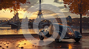 AI-Generated Retrofuturistic French Car with Paris and Eiffel Tower Background
