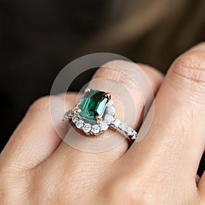 AI Generated: Ring with Large Emerald-Cut Green Gemstone Surrounded by Diamonds
