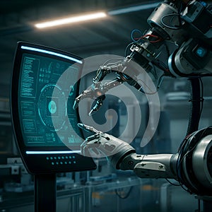 AI Generated: Robot Arm Interacting with Touch Screen Display