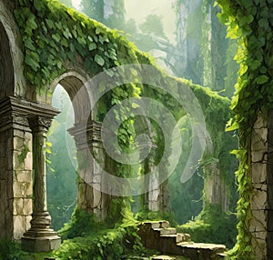 AI generated ruins covered by green creepers and vegetation with ancient walls, pillars and steps