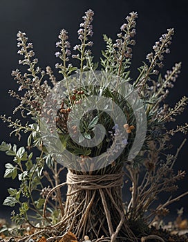 AI-generated rustic bouquet of dried flowers tied with twine on dark moody background photo
