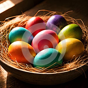 Rustic Bowl Filled With Vibrant Easter Eggs In Warm Natural Light