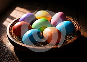 Moody Rustic Bowl With Colorful Easter Eggs On Dark Wooden Table