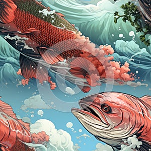 salmon photorealistic the style of comic book art and vexel art, highly detailed seamless pattern by AI generated photo