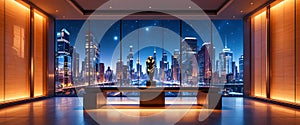 Modern Luxury Penthouse Interior Overlooking A Vibrant Night Cityscape Through Panoramic Windows