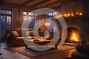 Ai-generated scene of a room exuding comfort and relaxation with a warm fire