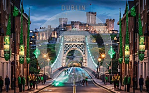 AI-generated, A scenic view of Dublin, with landmarks like the Ha\'penny Bridge and Dublin Castle, St. Patrick\'s Day photo