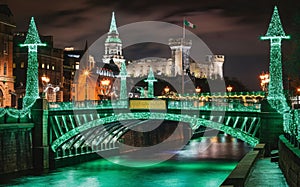 AI-generated, A scenic view of Dublin, with landmarks like the Ha\'penny Bridge and Dublin Castle, St. Patrick\'s Day photo
