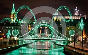 AI-generated, A scenic view of Dublin, with landmarks like the Ha\'penny Bridge and Dublin Castle, St. Patrick\'s Day photo