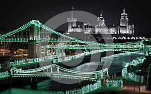 AI-generated, A scenic view of Dublin, with landmarks like the Ha\'penny Bridge and Dublin Castle, St. Patrick\'s Day photo