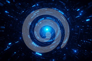 AI generated sci fi digital interface with glowing blue circular core data hub and holographic elements symbolizing AI big data