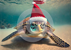 AI generated sea turtle with Santa hat