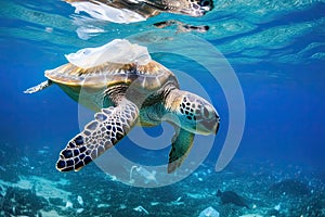 AI generated sea turtle swimming in an ocean polluted with plastic bag